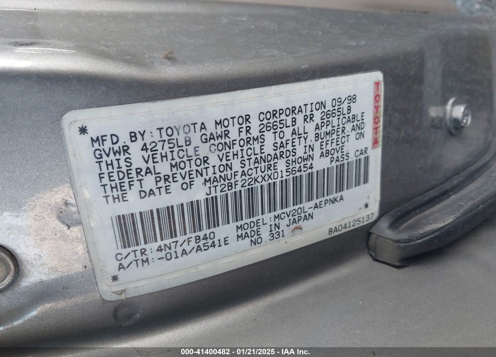 1999 TOYOTA CAMRY LE V6 VIN: JT2BF22KXX0156454