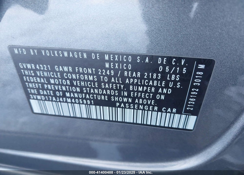 2015 VOLKSWAGEN JETTA VIN: 3VWD17AJ4FM405991