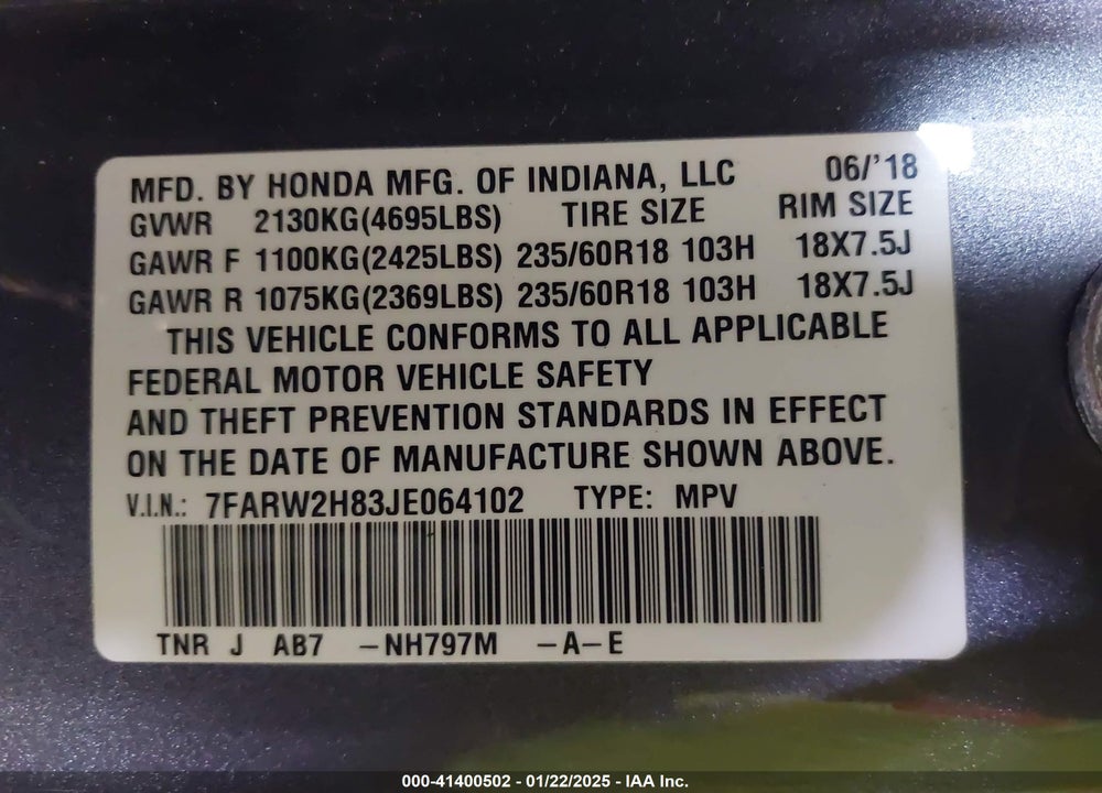 2018 HONDA CR-V EX-L/EX-L NAVI VIN: 7FARW2H83JE064102