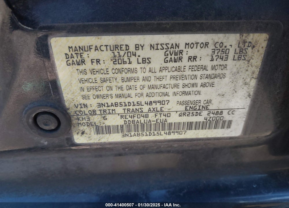 2005 NISSAN SENTRA SE-R VIN: 3N1AB51D15L489907