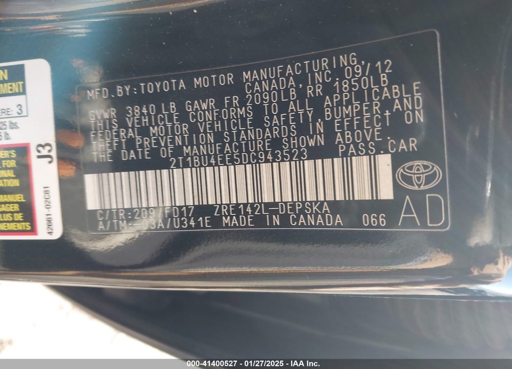 2013 TOYOTA COROLLA VIN: 2T1BU4EE5DC943523