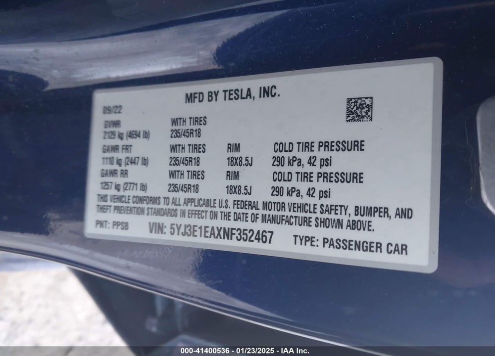 2022 TESLA MODEL 3 VIN: 5YJ3E1EAXNF352467