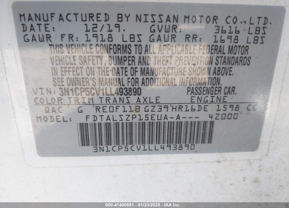 2020 NISSAN KICKS SV XTRONIC CVT VIN: 3N1CP5CV1LL493890