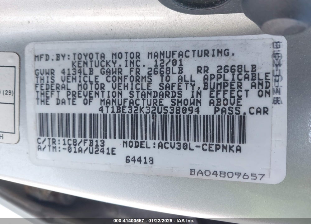 2002 TOYOTA CAMRY LE VIN: 4T1BE32K32U538094