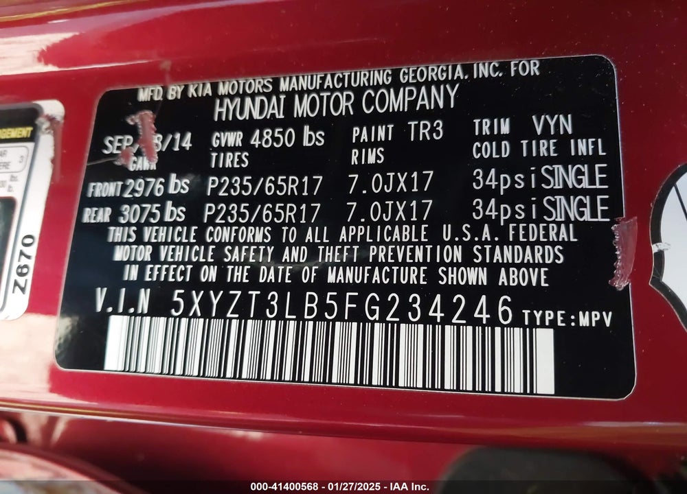 2015 HYUNDAI SANTA FE SPORT 2.4L VIN: 5XYZT3LB5FG234246