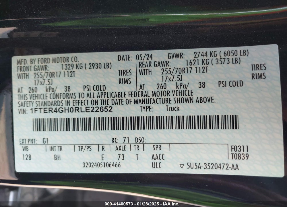 2024 FORD RANGER VIN: 1FTER4GH0RLE22652
