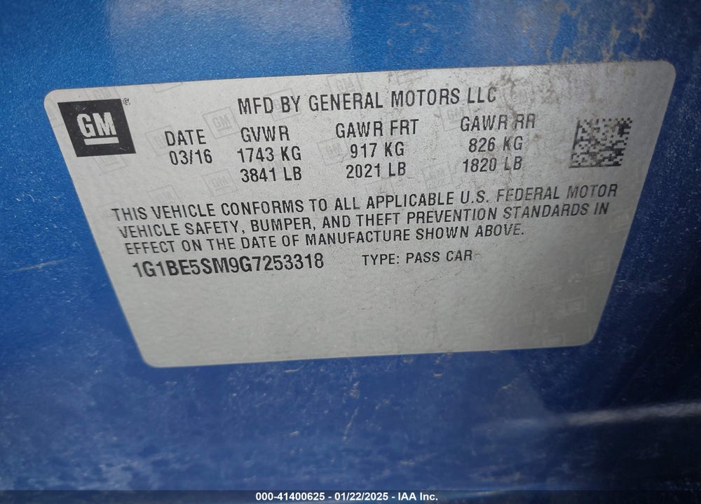 2016 CHEVROLET CRUZE LT AUTO VIN: 1G1BE5SM9G7253318