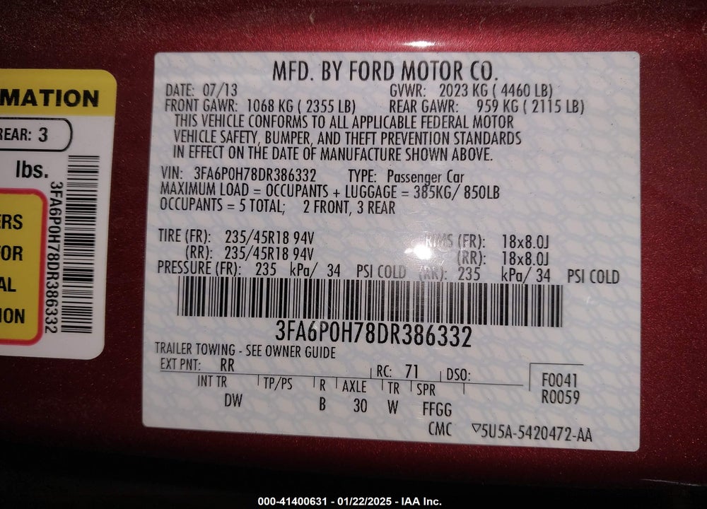 2013 FORD FUSION VIN: 3FA6P0H78DR386332