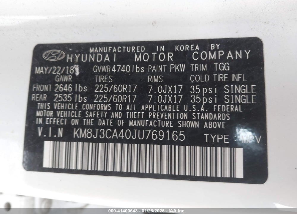 2018 HYUNDAI TUCSON SEL VIN: KM8J3CA40JU769165