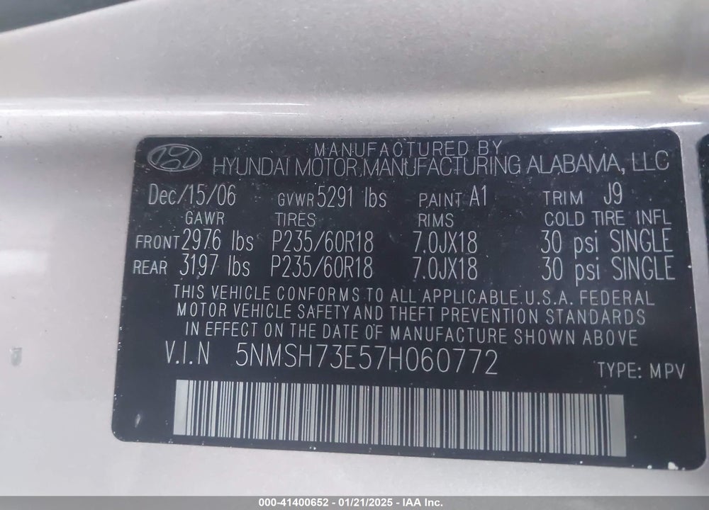 2007 HYUNDAI SANTA FE LIMITED/SE VIN: 5NMSH73E57H060772