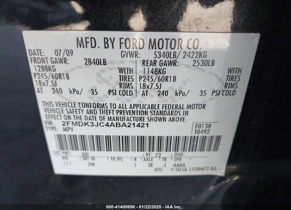 2010 FORD EDGE SEL VIN: 2FMDK3JC4ABA21421