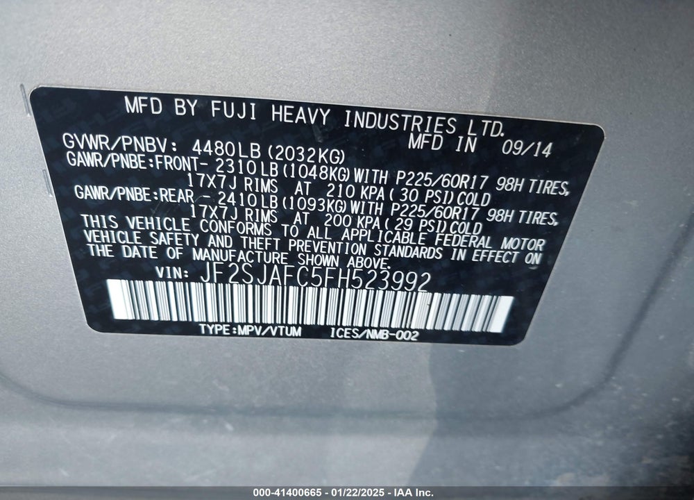 2015 SUBARU FORESTER 2.5I PREMIUM VIN: JF2SJAFC5FH523992