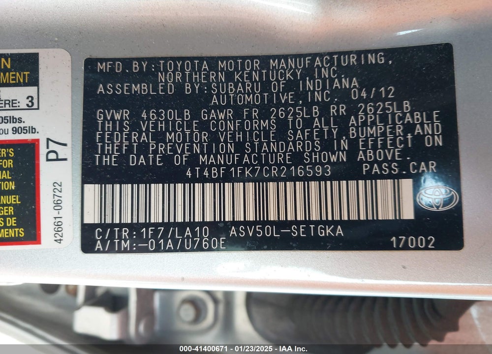 2012 TOYOTA CAMRY VIN: 4T4BF1FK7CR216593