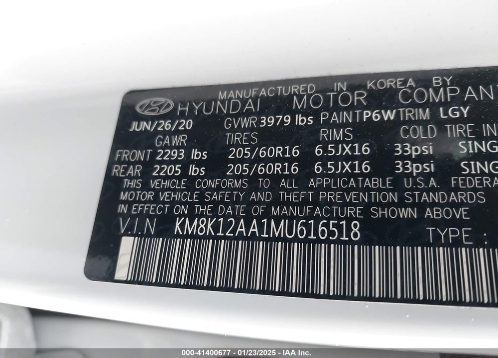 2021 HYUNDAI KONA SE VIN: KM8K12AA1MU616518