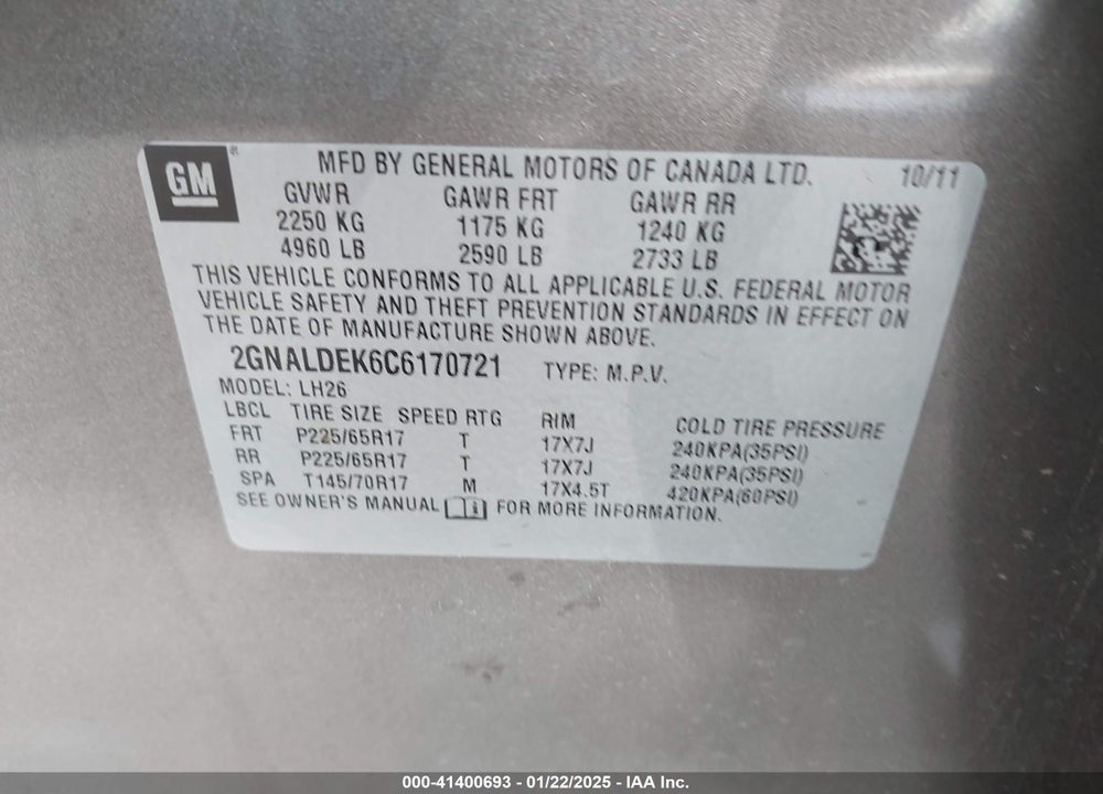 2012 CHEVROLET EQUINOX 1LT VIN: 2GNALDEK6C6170721