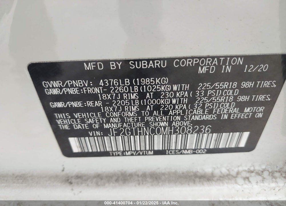2021 SUBARU CROSSTREK LIMITED VIN: JF2GTHNC0MH308236