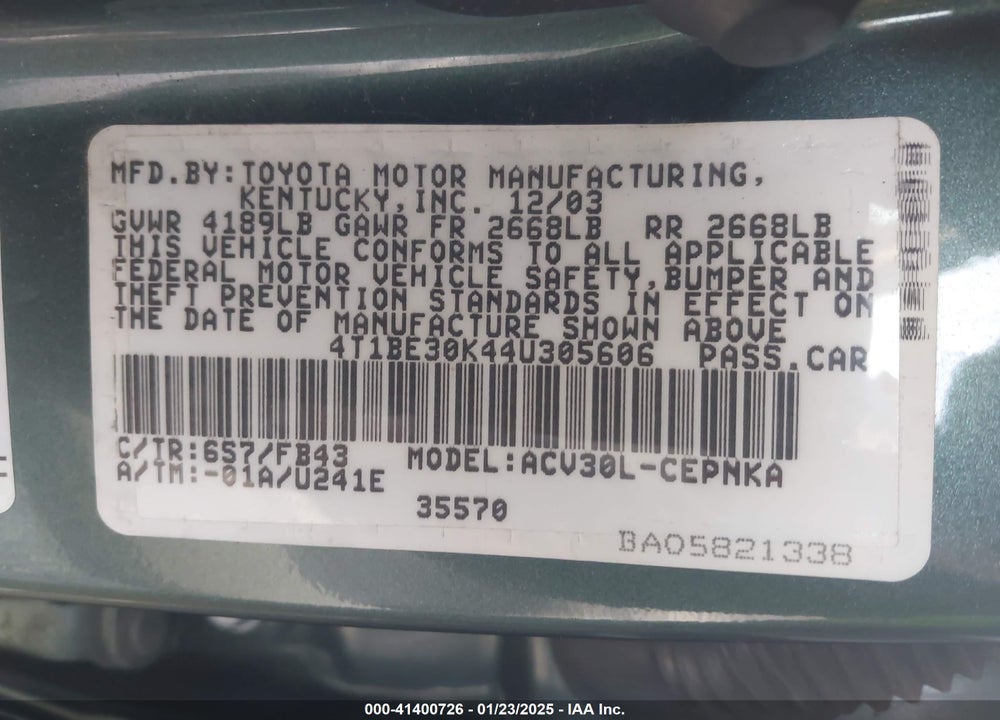 2004 TOYOTA CAMRY LE VIN: 4T1BE30K44U305606
