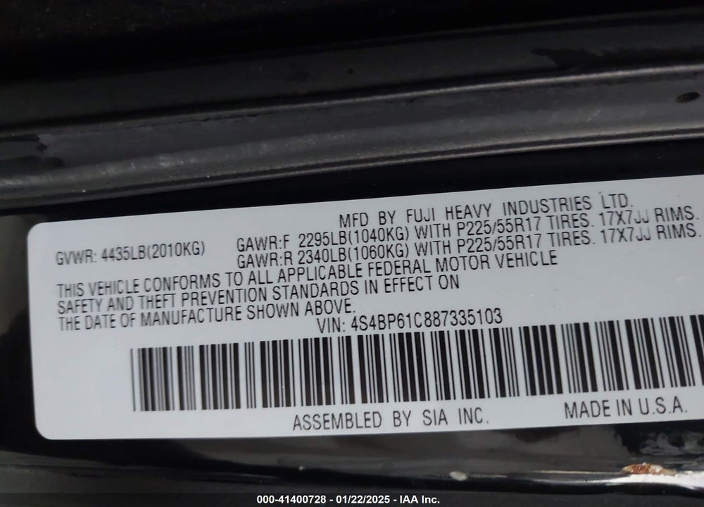 2008 SUBARU OUTBACK VIN: 4S4BP61C887335103