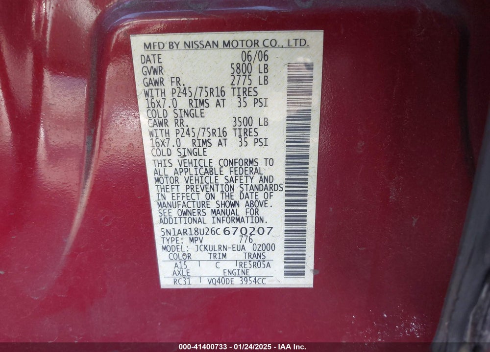 2006 NISSAN PATHFINDER S VIN: 5N1AR18U26C670207