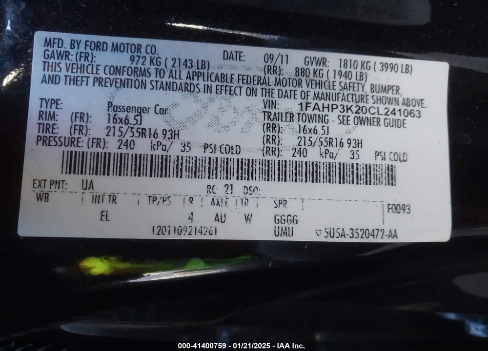 2012 FORD FOCUS VIN: 1FAHP3K20CL241063