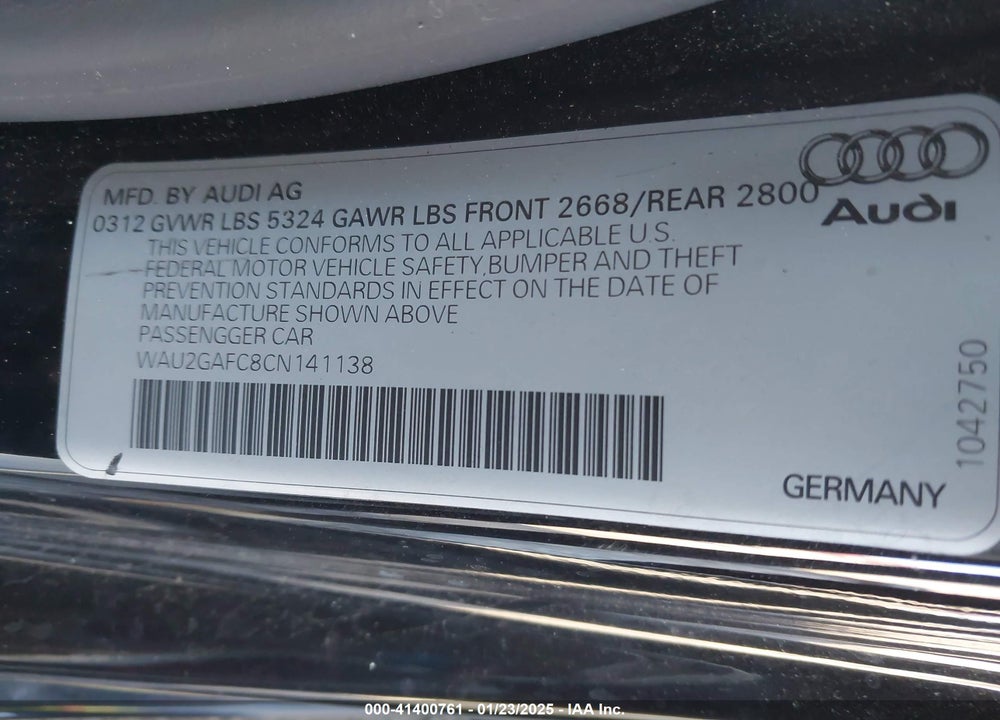 2012 AUDI A7 PREMIUM VIN: WAU2GAFC8CN141138