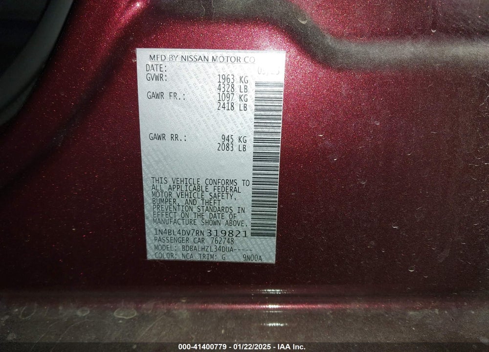 2024 NISSAN ALTIMA SV FWD VIN: 1N4BL4DV7RN319821