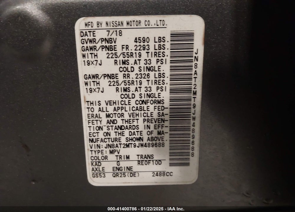 2018 NISSAN ROGUE SL VIN: JN8AT2MT9JW489688