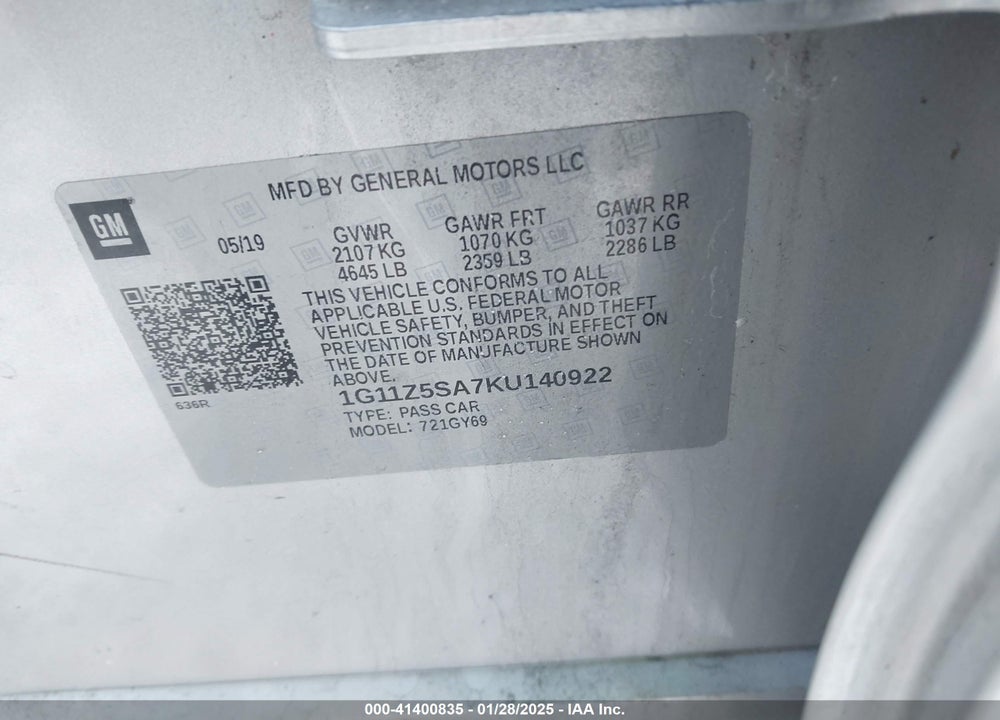 2019 CHEVROLET IMPALA VIN: 1G11Z5SA7KU140922