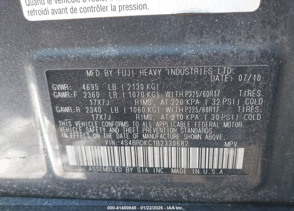 2011 SUBARU OUTBACK 3.6R LIMITED VIN: 4S4BRDKC1B2330682