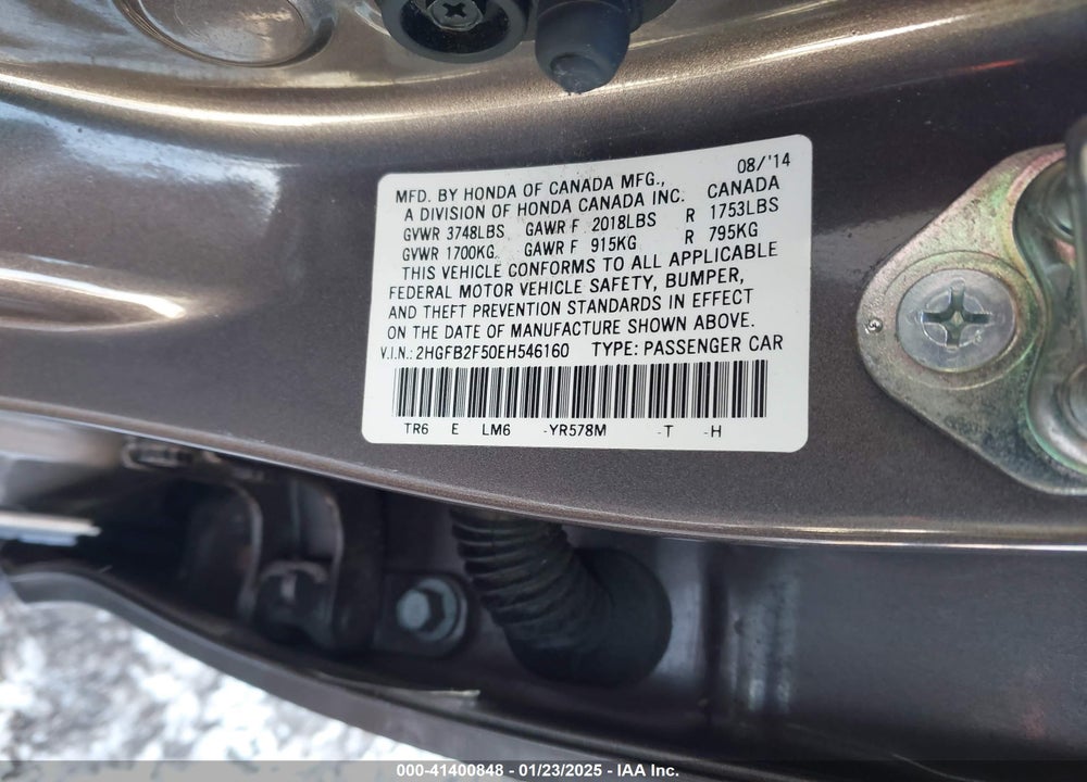 2014 HONDA CIVIC VIN: 2HGFB2F50EH546160