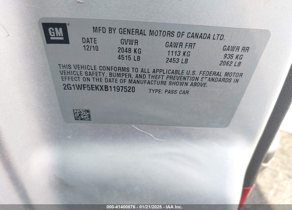 2011 CHEVROLET IMPALA VIN: 2G1WF5EKXB1197520