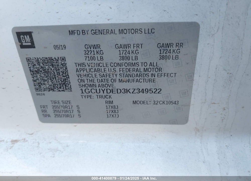 2019 CHEVROLET SILVERADO 1500 VIN: 1GCUYDED3KZ349522