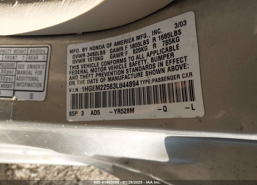 2003 HONDA CIVIC LX VIN: 1HGEM22563L044894