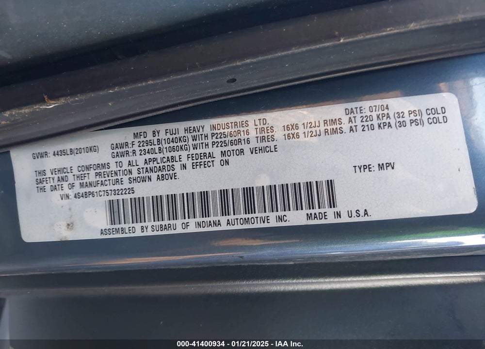 2005 SUBARU OUTBACK 2.5I VIN: 4S4BP61C757322225