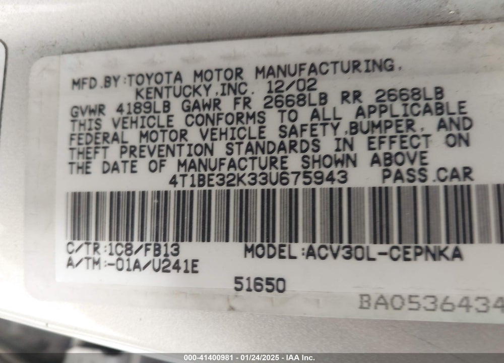 2003 TOYOTA CAMRY LE VIN: 4T1BE32K33U675943
