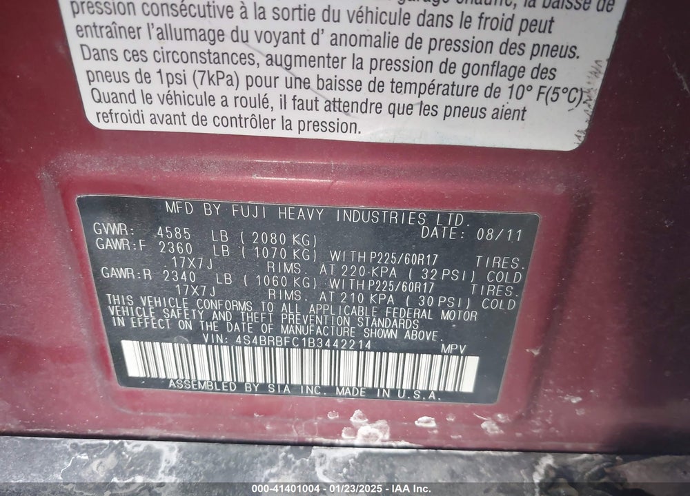 2011 SUBARU OUTBACK 2.5I PREMIUM VIN: 4S4BRBFC1B3442214
