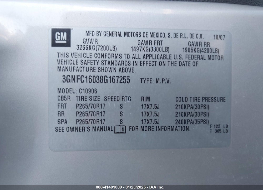 2008 CHEVROLET SUBURBAN 1500 LT VIN: 3GNFC16038G167255