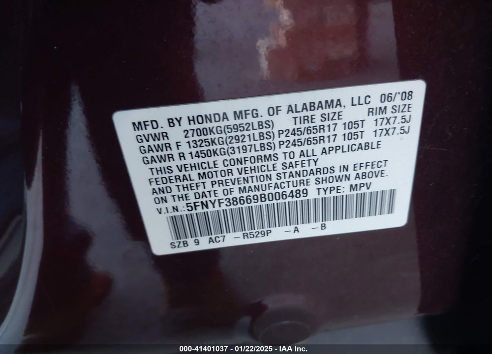 2009 HONDA PILOT EX-L VIN: 5FNYF38669B006489
