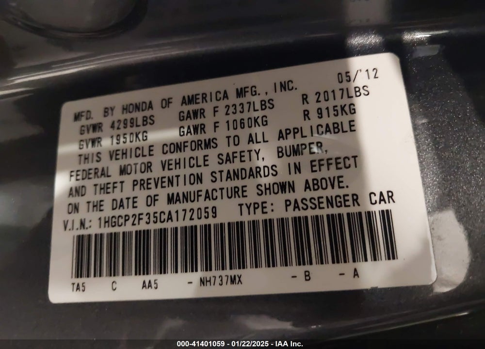 2012 HONDA ACCORD 2.4 LX VIN: 1HGCP2F35CA172059