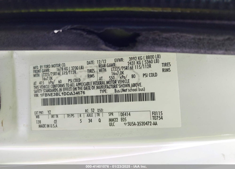 2013 FORD E-350 SUPER DUTY XL VIN: 1FBNE3BL1DDA34676