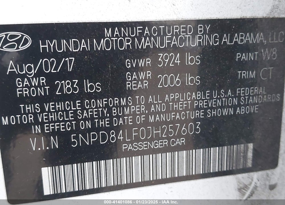 2018 HYUNDAI ELANTRA SEL VIN: 5NPD84LF0JH257603