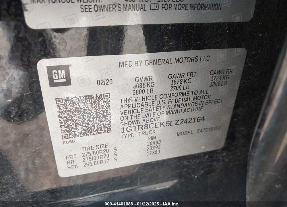 2020 GMC SIERRA 1500 VIN: 1GTR8CEK5LZ242164
