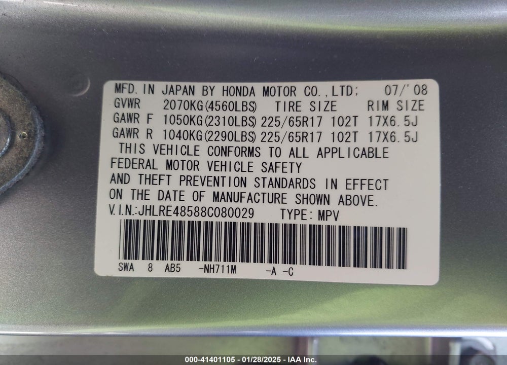 2008 HONDA CR-V EX VIN: JHLRE48588C080029