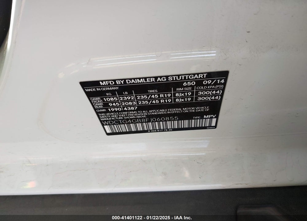 2015 MERCEDES-BENZ GLA 250 4MATIC VIN: WDCTG4GB8FJ060855