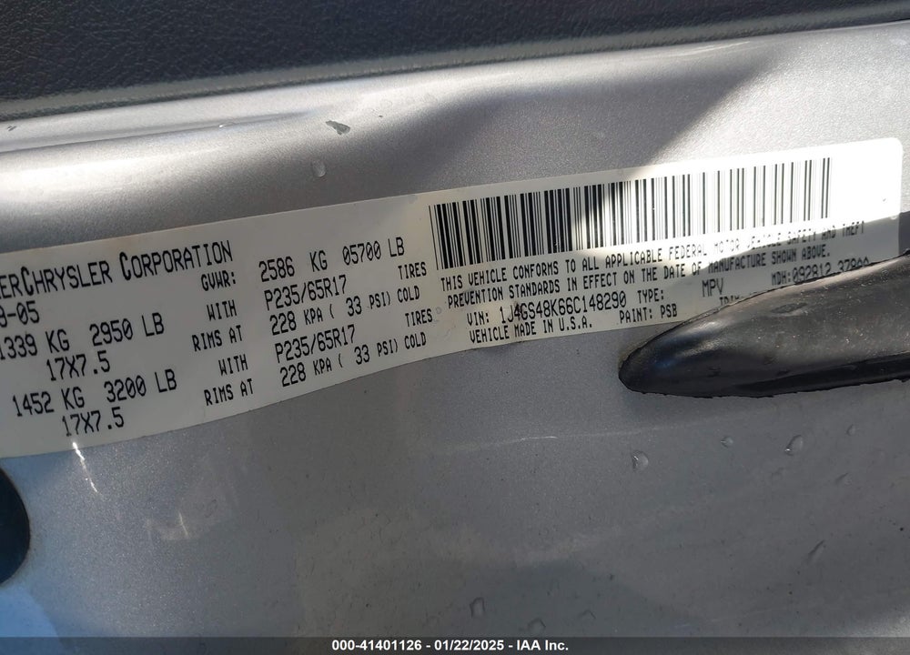 2006 JEEP GRAND CHEROKEE LAREDO VIN: 1J4GS48K66C148290