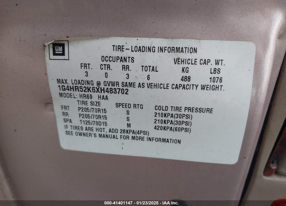 1999 BUICK LESABRE LIMITED CMI VIN: 1G4HR52K6XH483702