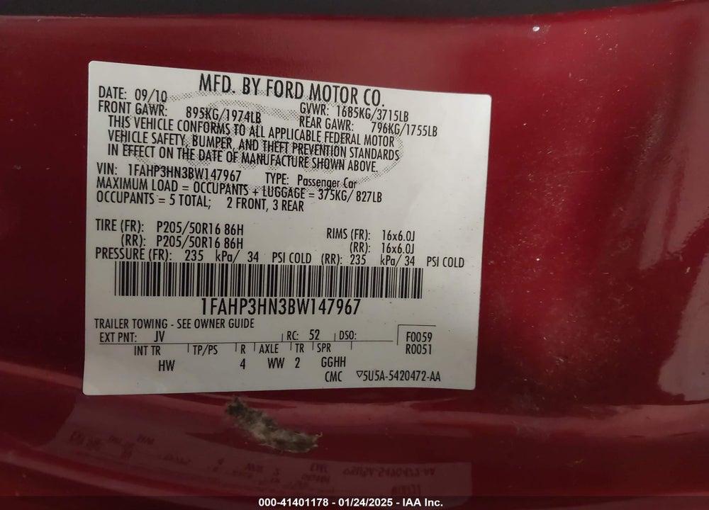 2011 FORD FOCUS SEL VIN: 1FAHP3HN3BW147967