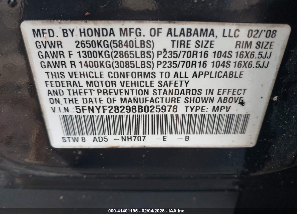 2008 HONDA PILOT VP VIN: 5FNYF28298B025978