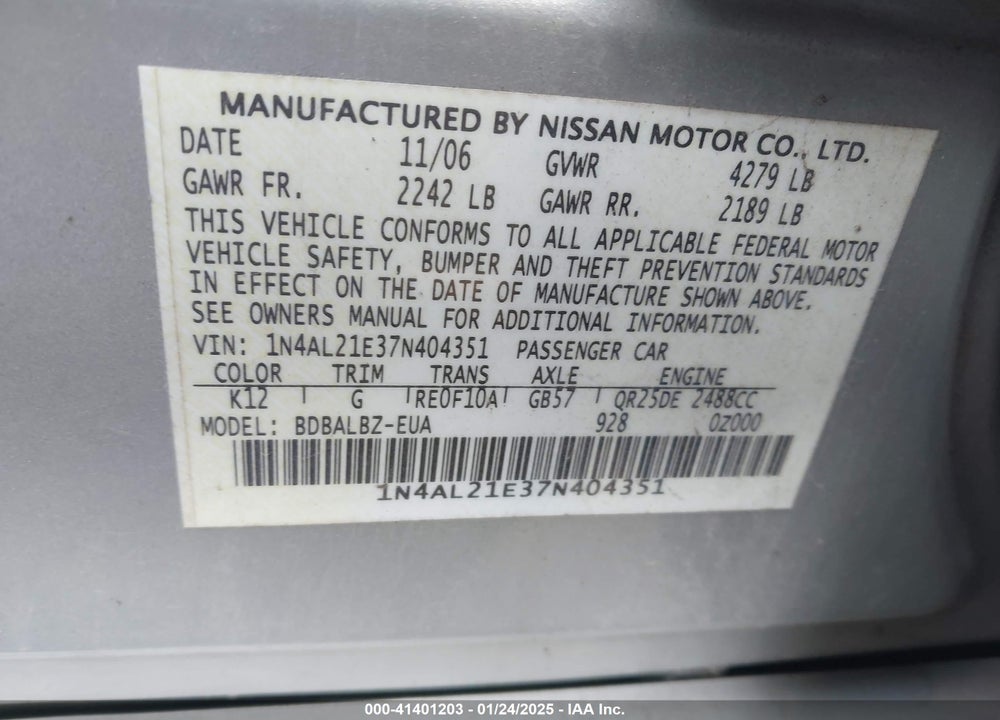 2007 NISSAN ALTIMA VIN: 1N4AL21E37N404351