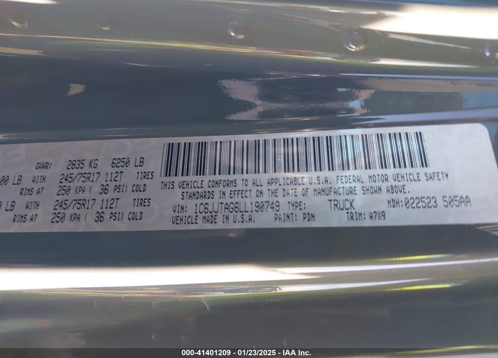 2020 JEEP GLADIATOR VIN: 1C6JJTAG6LL190749